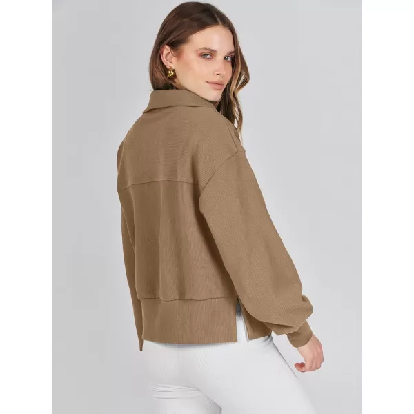 imageANRABESS Women Half Zip Cropped Sweatshirt Casual Fleece Quarter Zip Up Rib Knit Pullover 2023 Fall ClothesKhaki