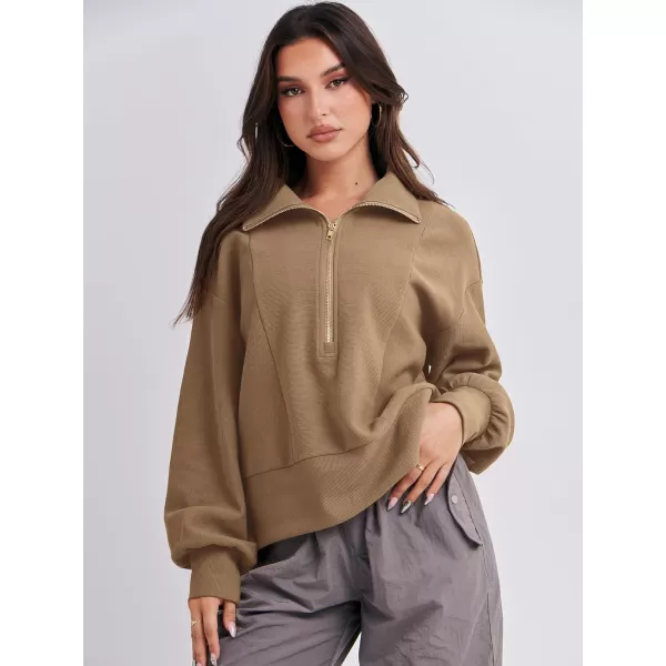 imageANRABESS Women Half Zip Cropped Sweatshirt Casual Fleece Quarter Zip Up Rib Knit Pullover 2023 Fall ClothesKhaki