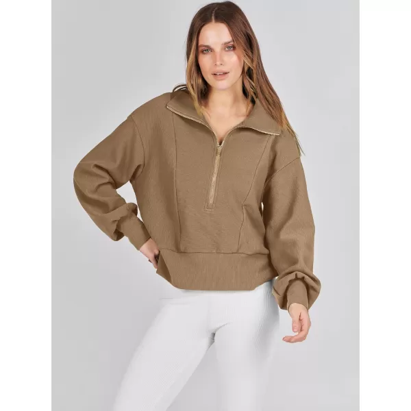 imageANRABESS Women Half Zip Cropped Sweatshirt Casual Fleece Quarter Zip Up Rib Knit Pullover 2023 Fall ClothesKhaki