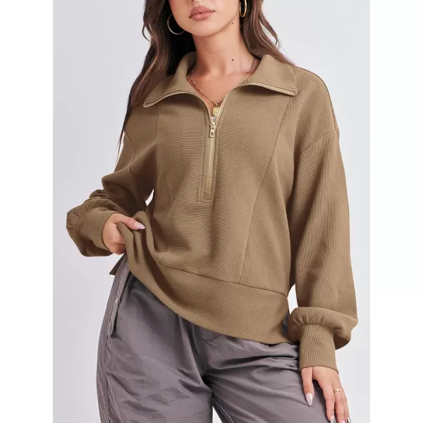 imageANRABESS Women Half Zip Cropped Sweatshirt Casual Fleece Quarter Zip Up Rib Knit Pullover 2023 Fall ClothesKhaki