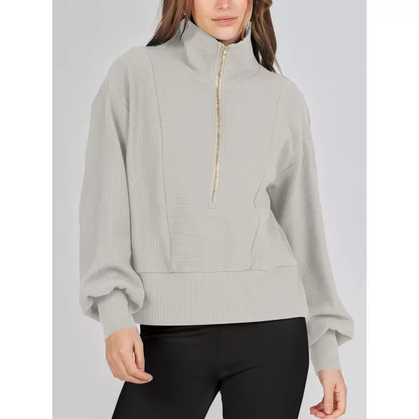 imageANRABESS Women Half Zip Cropped Sweatshirt Casual Fleece Quarter Zip Up Rib Knit Pullover 2023 Fall ClothesLight Gray