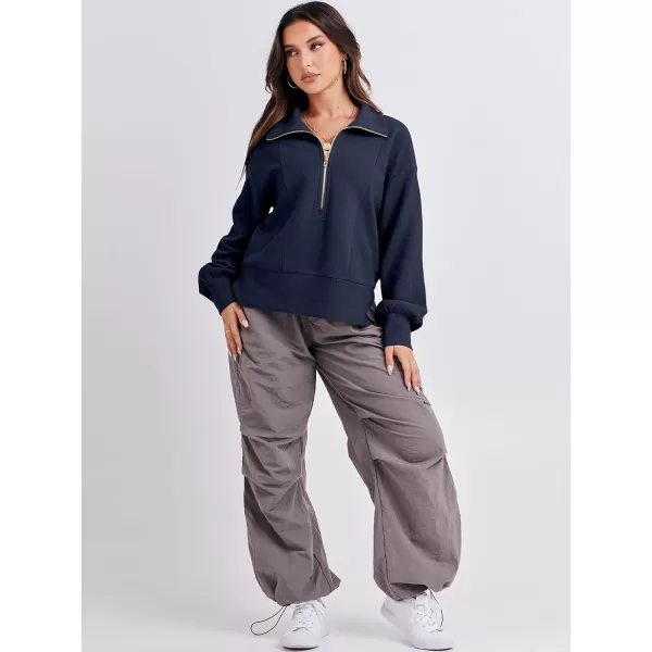 imageANRABESS Women Half Zip Cropped Sweatshirt Casual Fleece Quarter Zip Up Rib Knit Pullover 2023 Fall ClothesNavy Blue