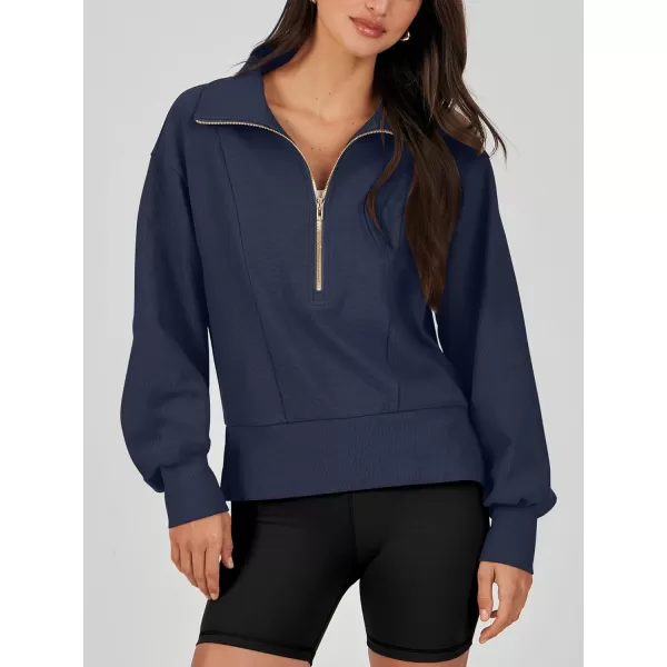 imageANRABESS Women Half Zip Cropped Sweatshirt Casual Fleece Quarter Zip Up Rib Knit Pullover 2023 Fall ClothesNavy Blue
