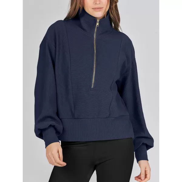 imageANRABESS Women Half Zip Cropped Sweatshirt Casual Fleece Quarter Zip Up Rib Knit Pullover 2023 Fall ClothesNavy Blue