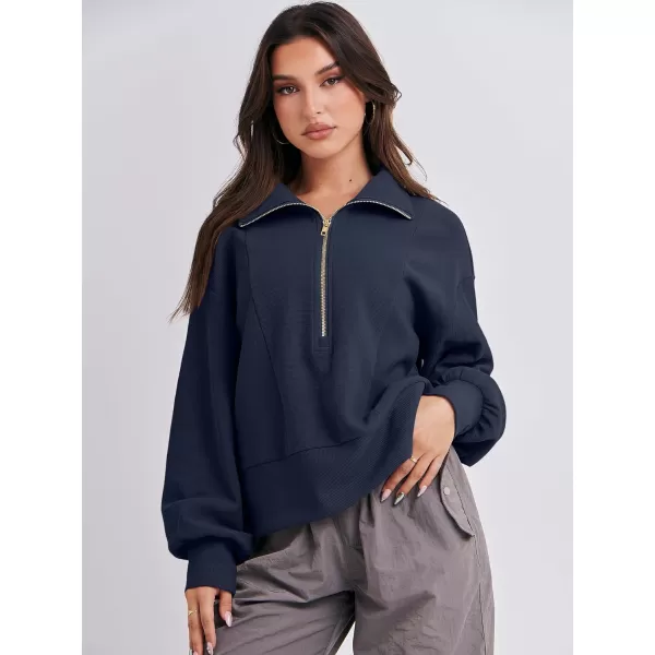 imageANRABESS Women Half Zip Cropped Sweatshirt Casual Fleece Quarter Zip Up Rib Knit Pullover 2023 Fall ClothesNavy Blue