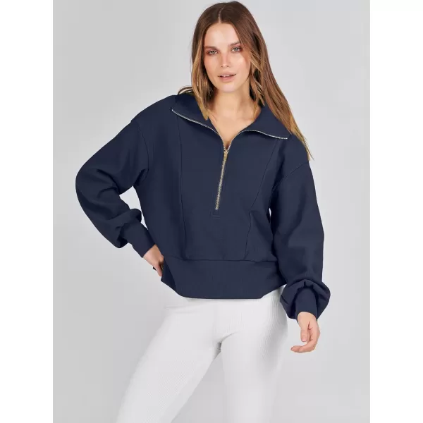 imageANRABESS Women Half Zip Cropped Sweatshirt Casual Fleece Quarter Zip Up Rib Knit Pullover 2023 Fall ClothesNavy Blue
