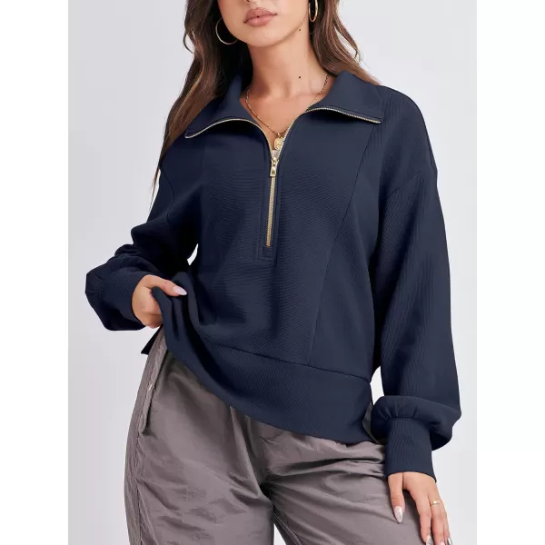 imageANRABESS Women Half Zip Cropped Sweatshirt Casual Fleece Quarter Zip Up Rib Knit Pullover 2023 Fall ClothesNavy Blue