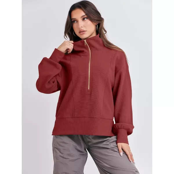 imageANRABESS Women Half Zip Cropped Sweatshirt Casual Fleece Quarter Zip Up Rib Knit Pullover 2023 Fall ClothesRed