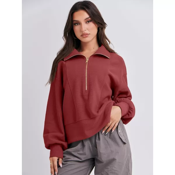 imageANRABESS Women Half Zip Cropped Sweatshirt Casual Fleece Quarter Zip Up Rib Knit Pullover 2023 Fall ClothesRed