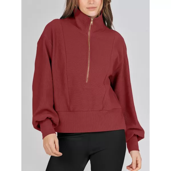 imageANRABESS Women Half Zip Cropped Sweatshirt Casual Fleece Quarter Zip Up Rib Knit Pullover 2023 Fall ClothesRed