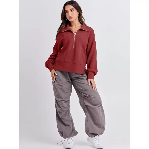 imageANRABESS Women Half Zip Cropped Sweatshirt Casual Fleece Quarter Zip Up Rib Knit Pullover 2023 Fall ClothesRed