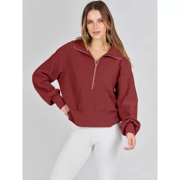 imageANRABESS Women Half Zip Cropped Sweatshirt Casual Fleece Quarter Zip Up Rib Knit Pullover 2023 Fall ClothesRed