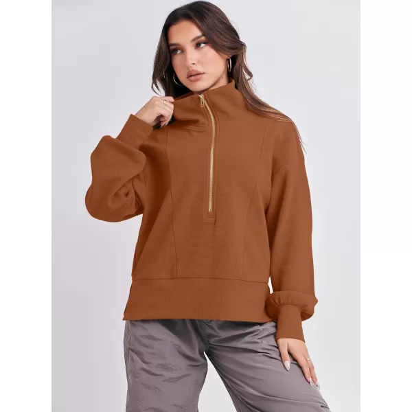 imageANRABESS Women Half Zip Cropped Sweatshirt Casual Fleece Quarter Zip Up Rib Knit Pullover 2023 Fall ClothesRust