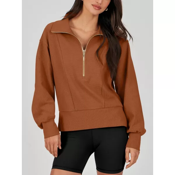 imageANRABESS Women Half Zip Cropped Sweatshirt Casual Fleece Quarter Zip Up Rib Knit Pullover 2023 Fall ClothesRust