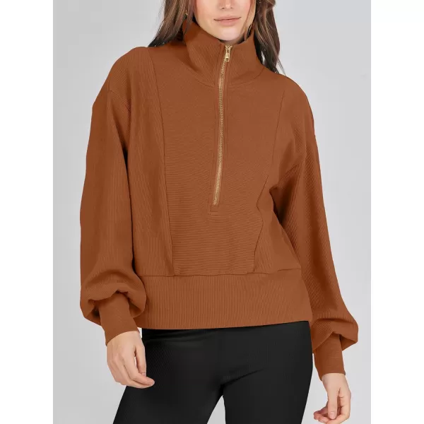 imageANRABESS Women Half Zip Cropped Sweatshirt Casual Fleece Quarter Zip Up Rib Knit Pullover 2023 Fall ClothesRust