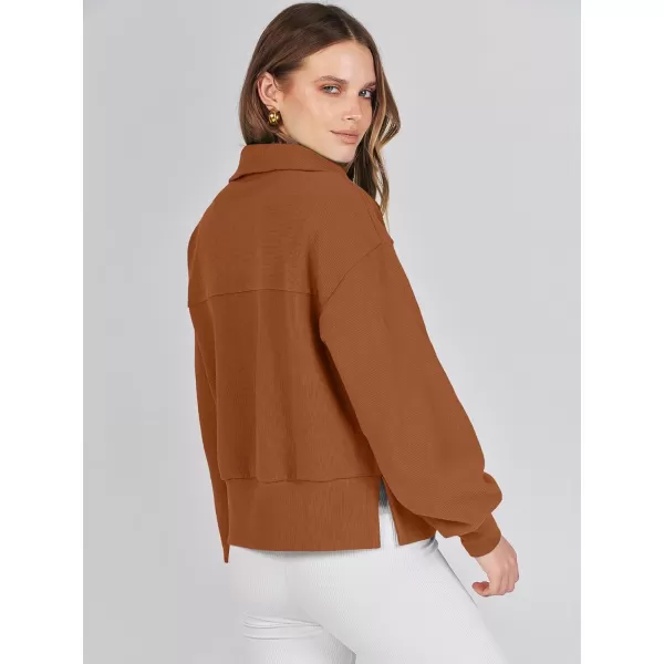 imageANRABESS Women Half Zip Cropped Sweatshirt Casual Fleece Quarter Zip Up Rib Knit Pullover 2023 Fall ClothesRust