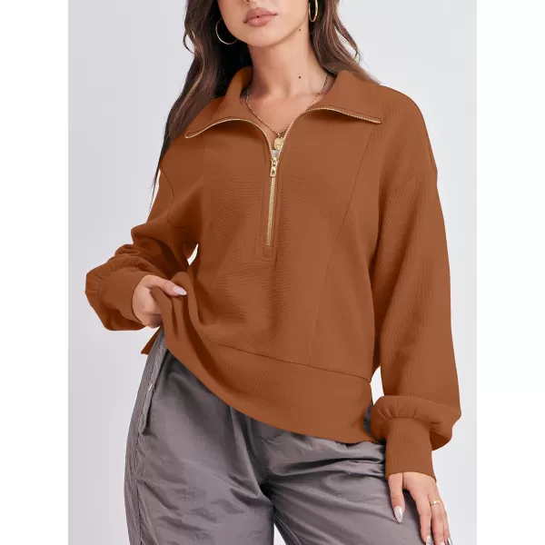 imageANRABESS Women Half Zip Cropped Sweatshirt Casual Fleece Quarter Zip Up Rib Knit Pullover 2023 Fall ClothesRust