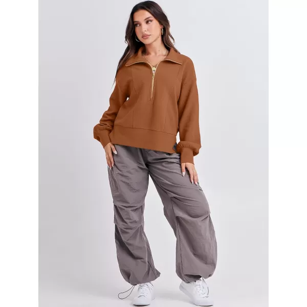 imageANRABESS Women Half Zip Cropped Sweatshirt Casual Fleece Quarter Zip Up Rib Knit Pullover 2023 Fall ClothesRust