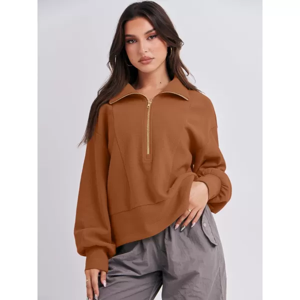 imageANRABESS Women Half Zip Cropped Sweatshirt Casual Fleece Quarter Zip Up Rib Knit Pullover 2023 Fall ClothesRust