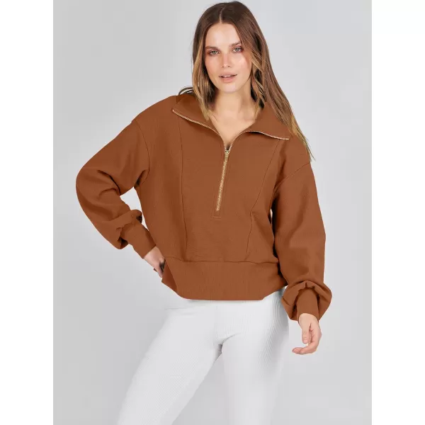 imageANRABESS Women Half Zip Cropped Sweatshirt Casual Fleece Quarter Zip Up Rib Knit Pullover 2023 Fall ClothesRust