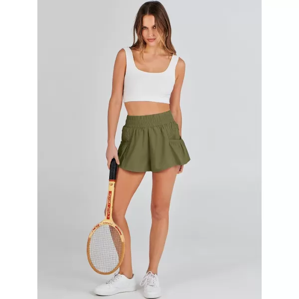 imageANRABESS Women High Waisted Quick Dry Flowy Shorts Gym Workout Running Athletic Short with PocketsArmy Green