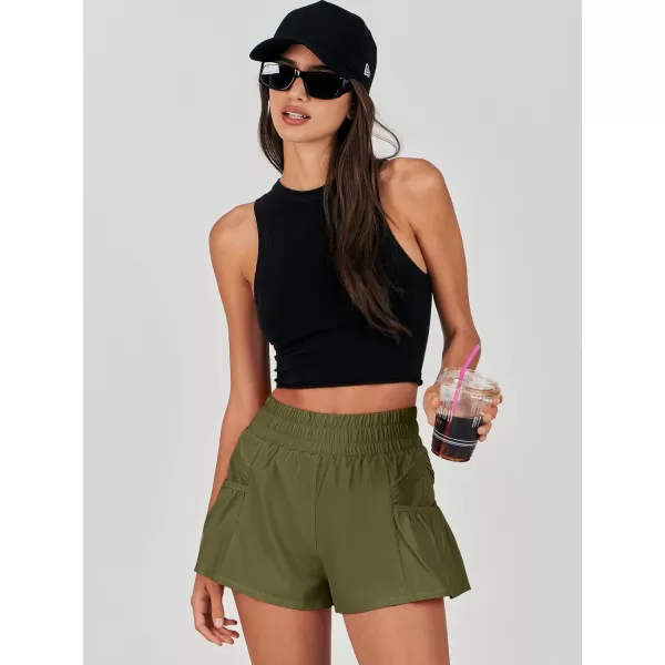 imageANRABESS Women High Waisted Quick Dry Flowy Shorts Gym Workout Running Athletic Short with PocketsArmy Green