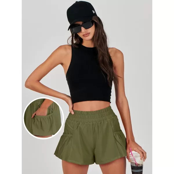 imageANRABESS Women High Waisted Quick Dry Flowy Shorts Gym Workout Running Athletic Short with PocketsArmy Green