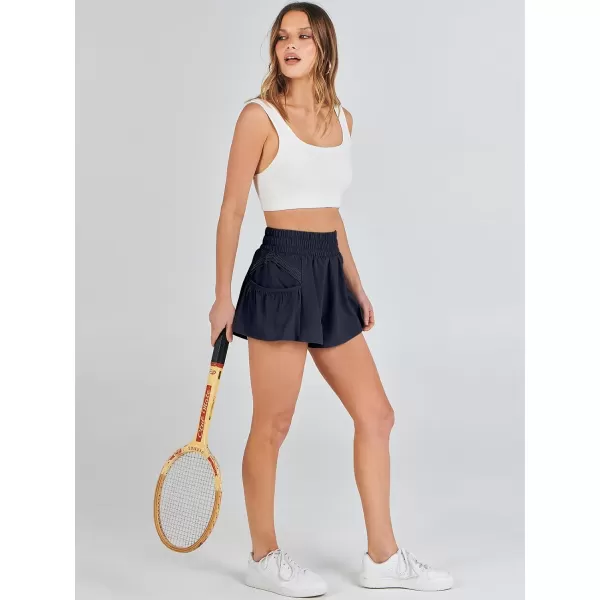 imageANRABESS Women High Waisted Quick Dry Flowy Shorts Gym Workout Running Athletic Short with PocketsDeep Blue
