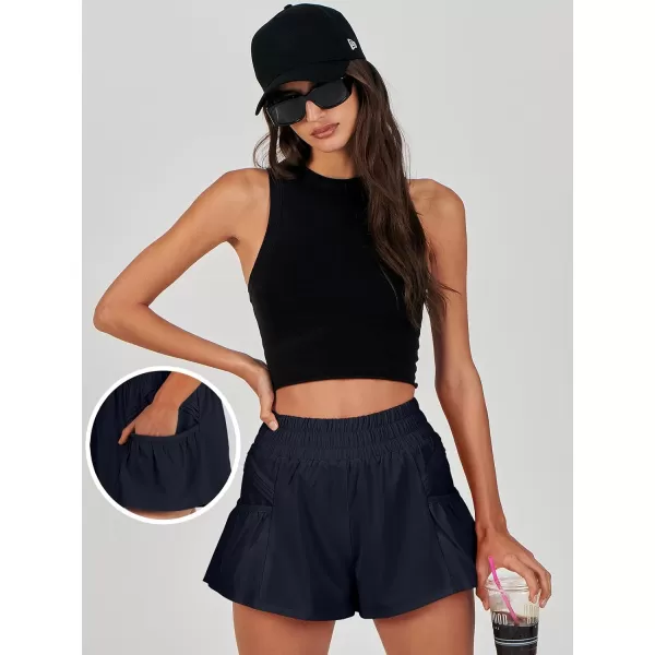 imageANRABESS Women High Waisted Quick Dry Flowy Shorts Gym Workout Running Athletic Short with PocketsDeep Blue
