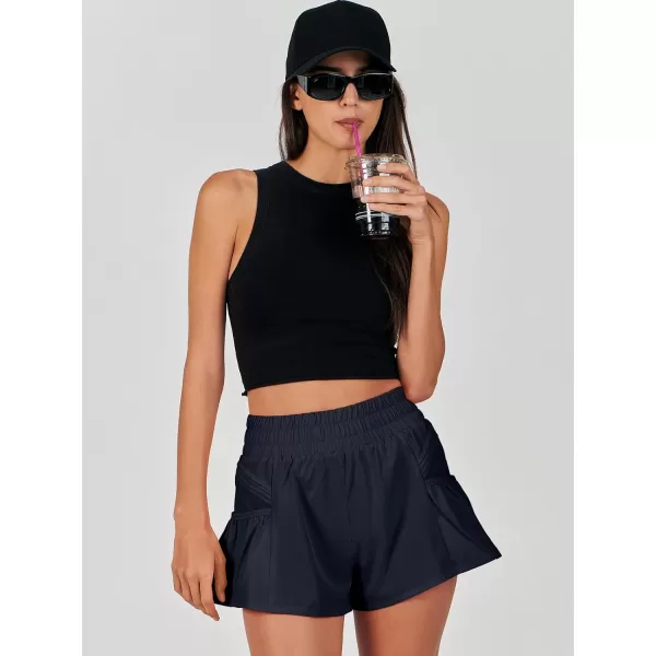 imageANRABESS Women High Waisted Quick Dry Flowy Shorts Gym Workout Running Athletic Short with PocketsDeep Blue