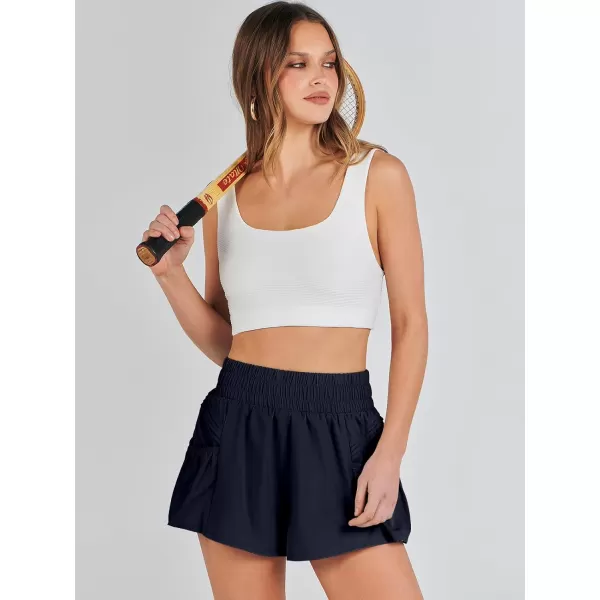 imageANRABESS Women High Waisted Quick Dry Flowy Shorts Gym Workout Running Athletic Short with PocketsDeep Blue
