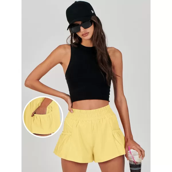 imageANRABESS Women High Waisted Quick Dry Flowy Shorts Gym Workout Running Athletic Short with PocketsYellow