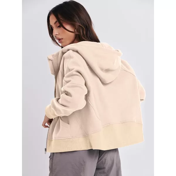 imageANRABESS Women Hoodies Fleece Lined Full Zipper Sweatshirts Long Sleeve Crop Tops Clothes Sweater Thumb HoleApricot
