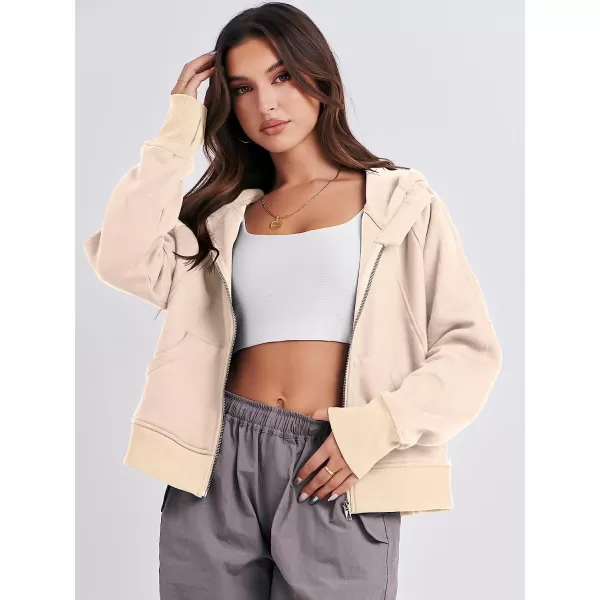 imageANRABESS Women Hoodies Fleece Lined Full Zipper Sweatshirts Long Sleeve Crop Tops Clothes Sweater Thumb HoleApricot