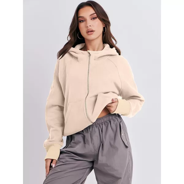 imageANRABESS Women Hoodies Fleece Lined Full Zipper Sweatshirts Long Sleeve Crop Tops Clothes Sweater Thumb HoleApricot