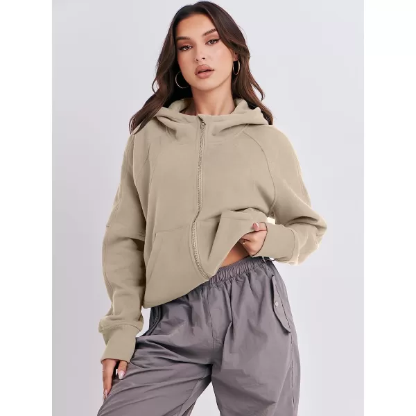 imageANRABESS Women Hoodies Fleece Lined Full Zipper Sweatshirts Long Sleeve Crop Tops Clothes Sweater Thumb HoleCamel