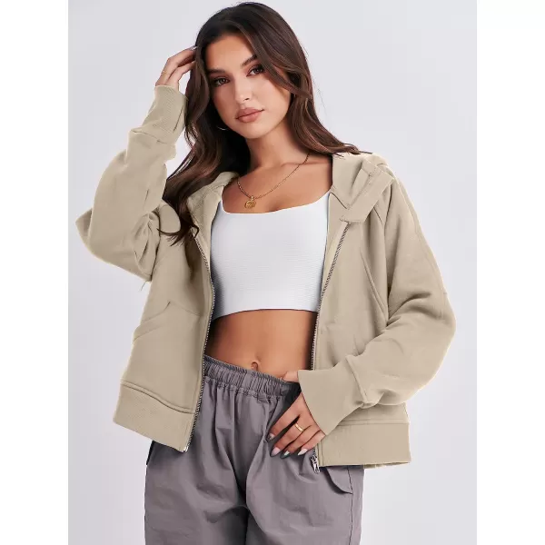 imageANRABESS Women Hoodies Fleece Lined Full Zipper Sweatshirts Long Sleeve Crop Tops Clothes Sweater Thumb HoleCamel