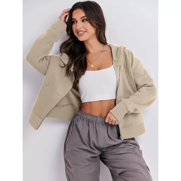 imageANRABESS Women Hoodies Fleece Lined Full Zipper Sweatshirts Long Sleeve Crop Tops Clothes Sweater Thumb HoleCamel