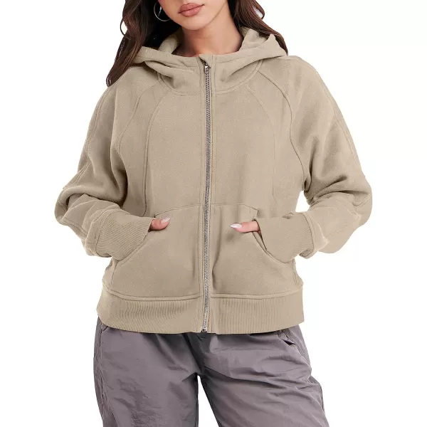 imageANRABESS Women Hoodies Fleece Lined Full Zipper Sweatshirts Long Sleeve Crop Tops Clothes Sweater Thumb HoleCamel