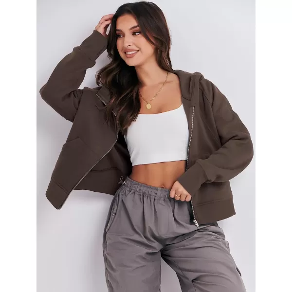 imageANRABESS Women Hoodies Fleece Lined Full Zipper Sweatshirts Long Sleeve Crop Tops Clothes Sweater Thumb HoleCoffee