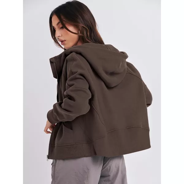 imageANRABESS Women Hoodies Fleece Lined Full Zipper Sweatshirts Long Sleeve Crop Tops Clothes Sweater Thumb HoleCoffee
