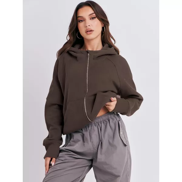 imageANRABESS Women Hoodies Fleece Lined Full Zipper Sweatshirts Long Sleeve Crop Tops Clothes Sweater Thumb HoleCoffee