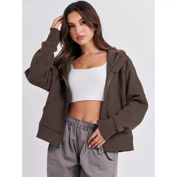 imageANRABESS Women Hoodies Fleece Lined Full Zipper Sweatshirts Long Sleeve Crop Tops Clothes Sweater Thumb HoleCoffee