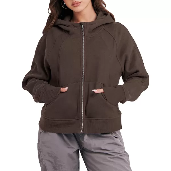 imageANRABESS Women Hoodies Fleece Lined Full Zipper Sweatshirts Long Sleeve Crop Tops Clothes Sweater Thumb HoleCoffee