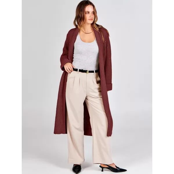 imageANRABESS Women Knit Long Cardigan Long Sleeve Open Front Lapel Oversized Sweater Coat 2023 Fall ClothesBurgundy