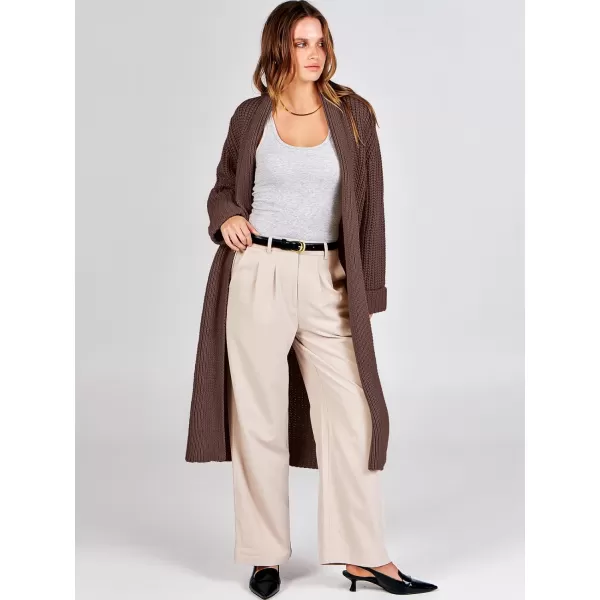 imageANRABESS Women Knit Long Cardigan Long Sleeve Open Front Lapel Oversized Sweater Coat 2023 Fall ClothesRed Brown