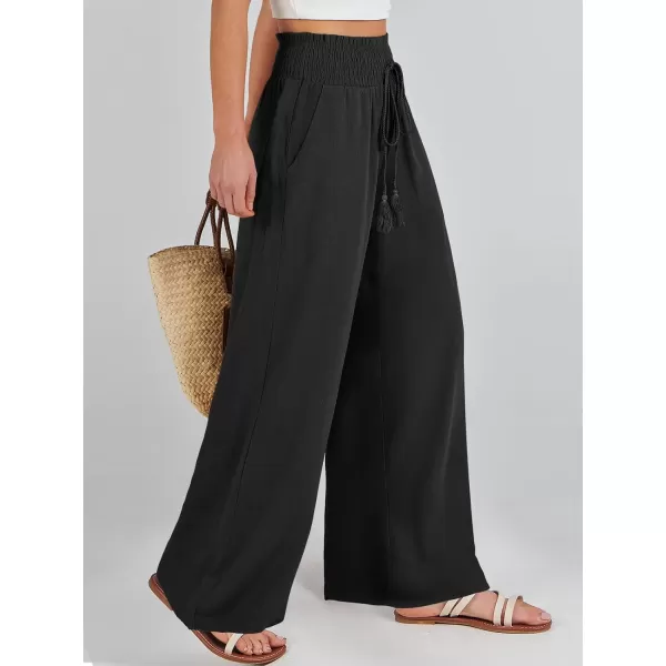 imageANRABESS Women Linen Palazzo Pants Casual Loose High Waist Drawstring Wide Casual Long Lounge Pant Trousers with PocketBlack