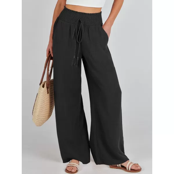 imageANRABESS Women Linen Palazzo Pants Casual Loose High Waist Drawstring Wide Casual Long Lounge Pant Trousers with PocketBlack