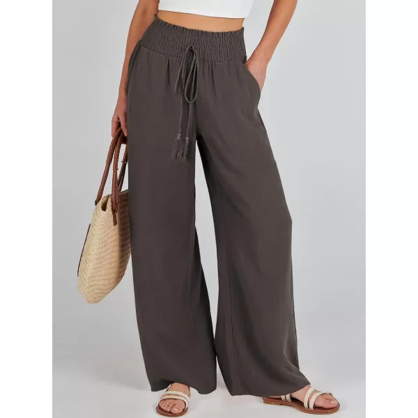 imageANRABESS Women Linen Palazzo Pants Casual Loose High Waist Drawstring Wide Casual Long Lounge Pant Trousers with PocketCoffee