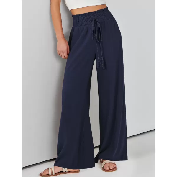 imageANRABESS Women Linen Palazzo Pants Casual Loose High Waist Drawstring Wide Casual Long Lounge Pant Trousers with PocketNavy Blue